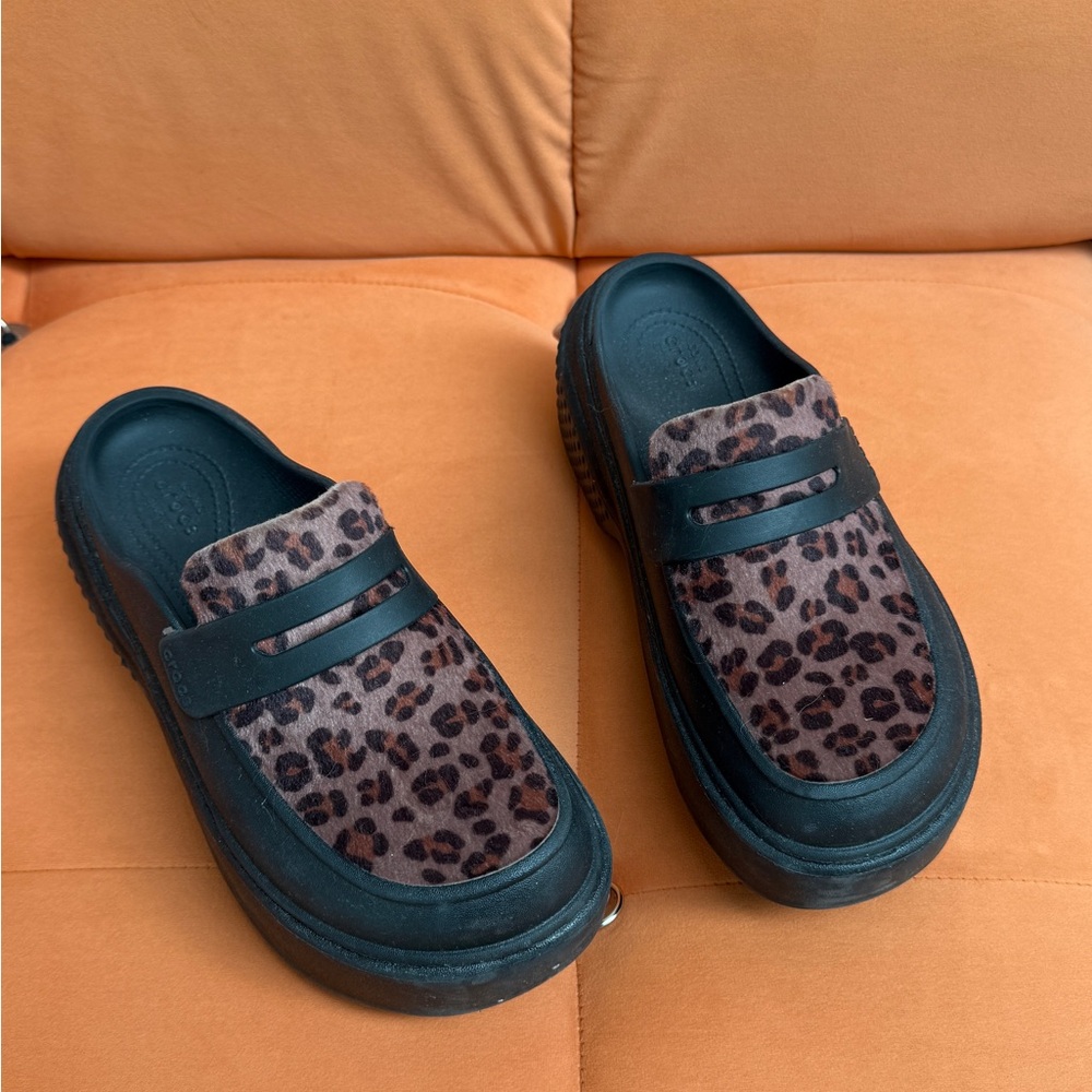 CROCS Black Mule Clogs with Leopard Print Upper